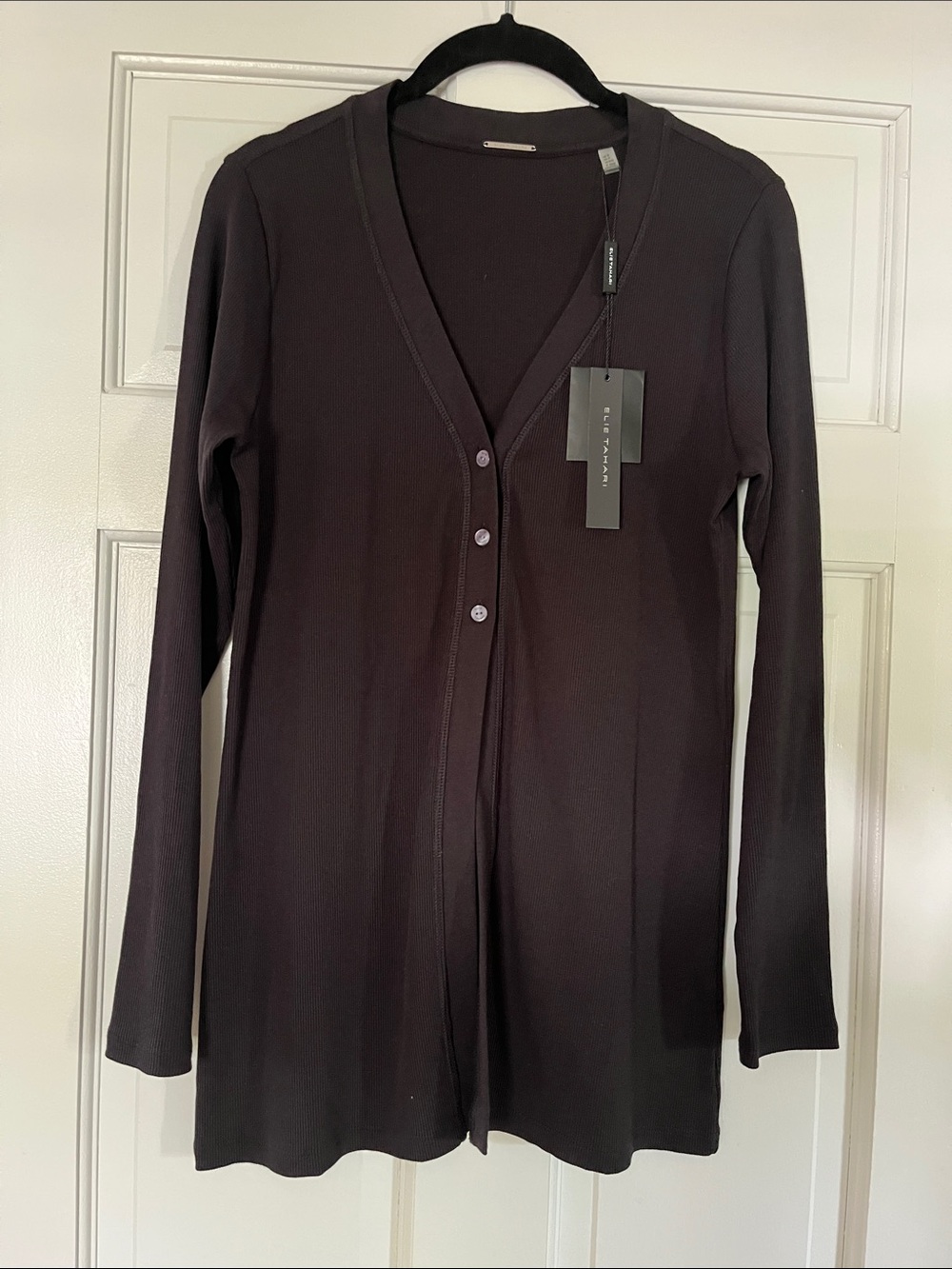 Elie Tahari Black thin Ribbed knit Button front top tunic-NWT- size S